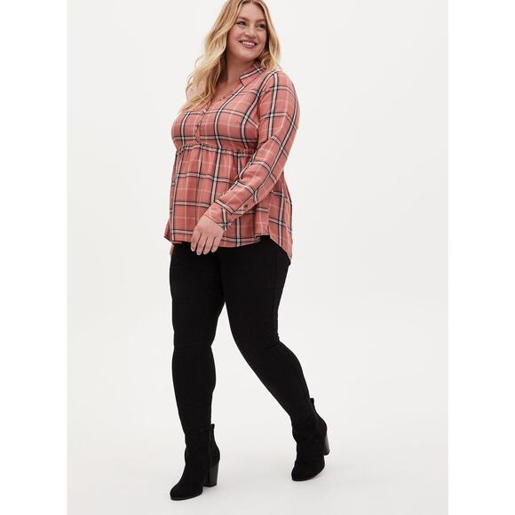 Torrid Peplum Top Plus 3X Plaid Twill‎ Button Front Long Sleeve Babydoll Pink - Picture 3 of 11